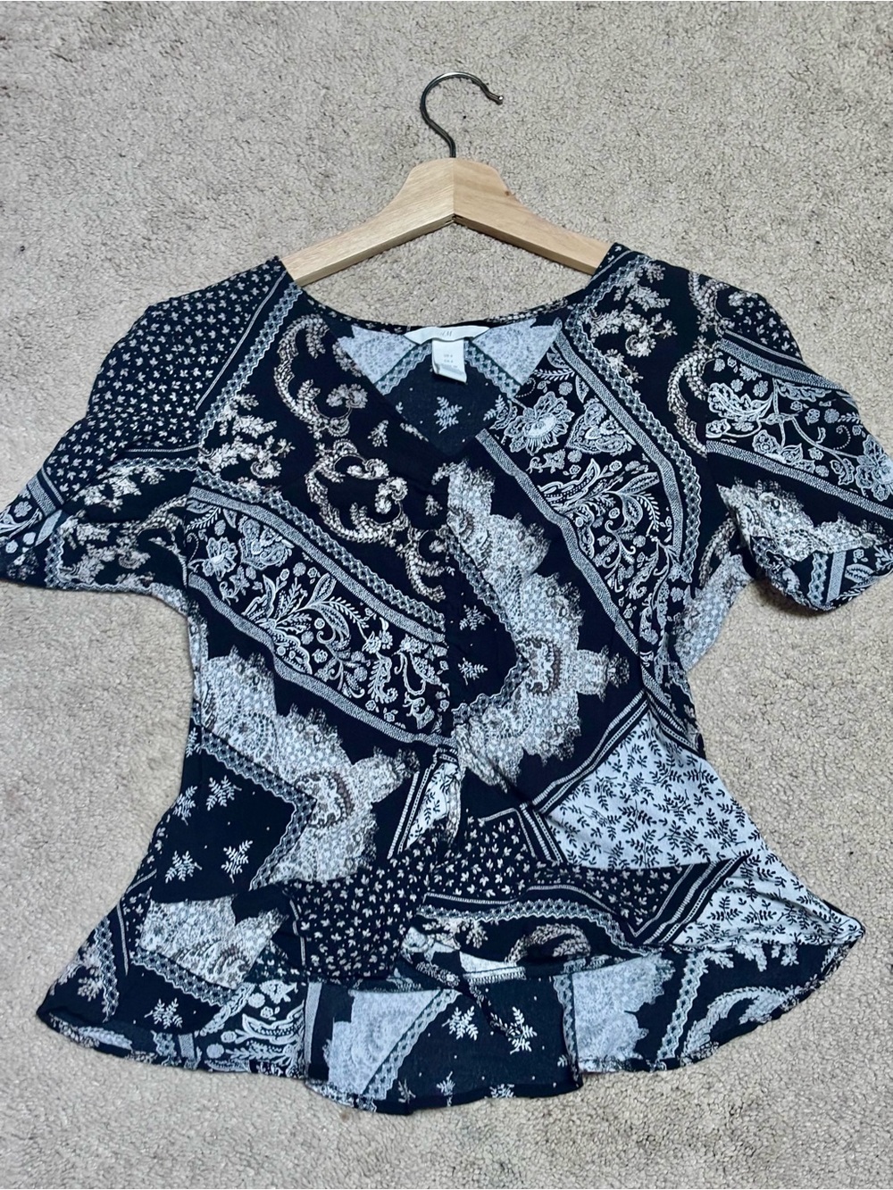 H&M Black and White Paisley Wrap Blouse